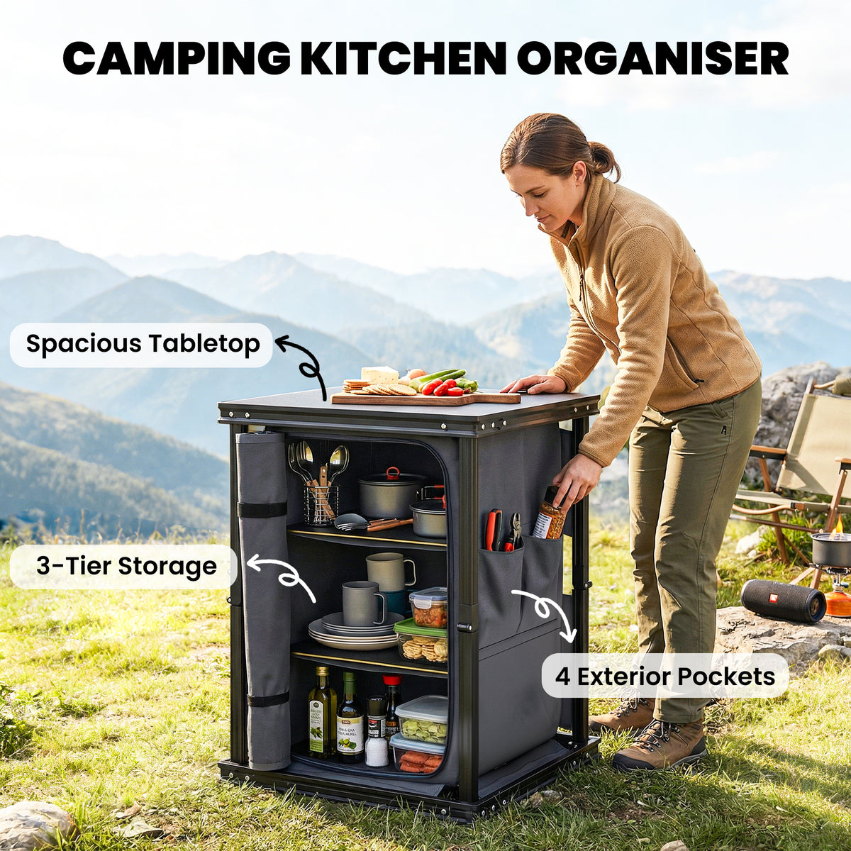 Camping Cupboards, Folding Portable Kitchen Table with 3-Tier Storage, Black