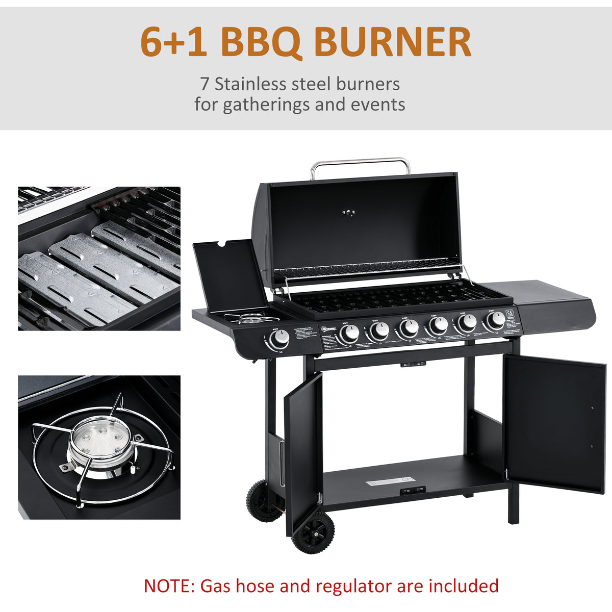 Seven Burner Gas Grill, with Integrated Thermometer and Storage