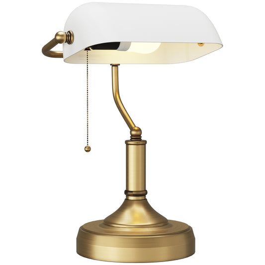 Banker's Desk Lamp with Antique Bronze Tone Base, Table Lamp with White Glass Shade for Home Office, White