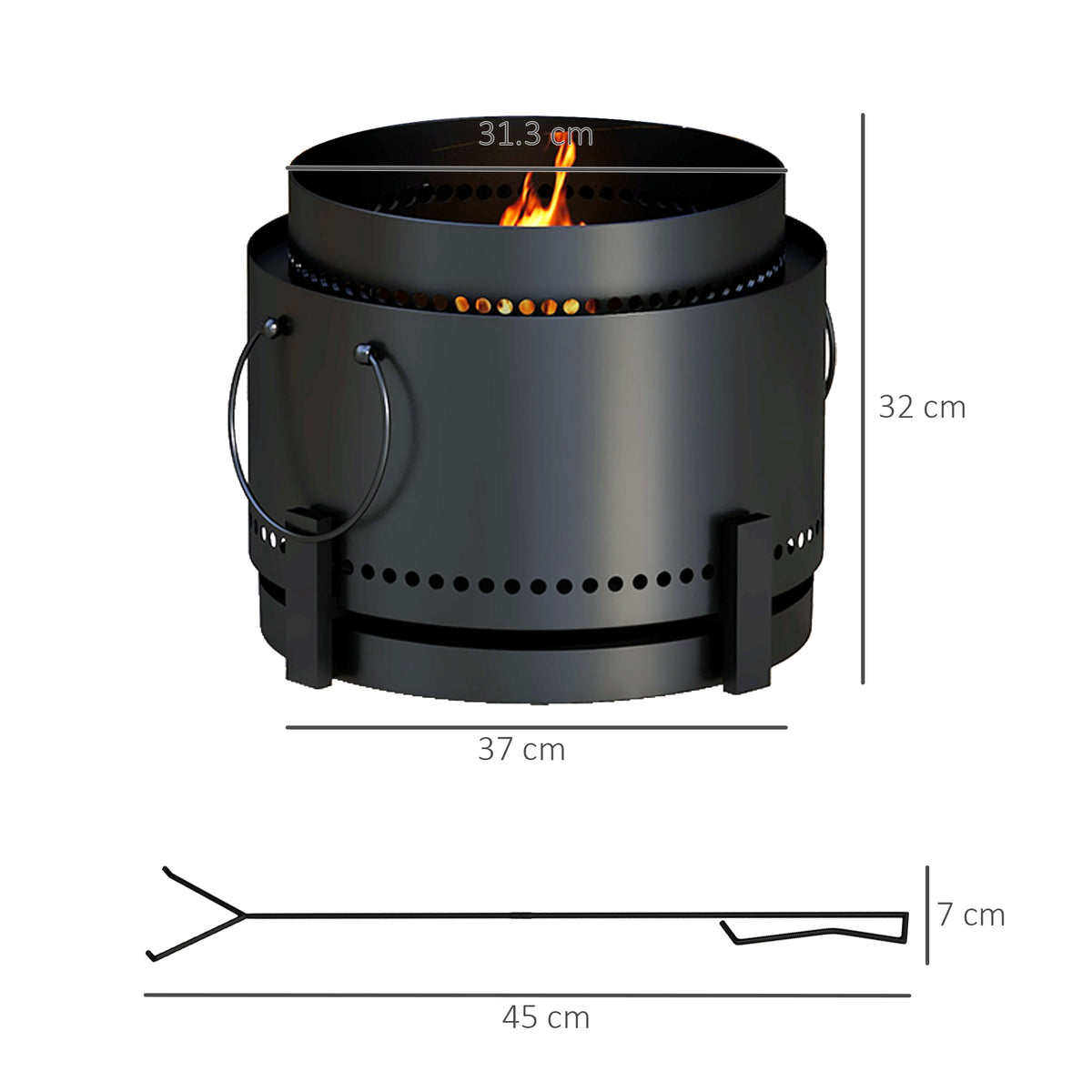 Smokeless Fire Pit with Ash Catcher, 37cm Portable Wood Burning Firepit with Poker for Garden Camping Bonfire Party, Metal