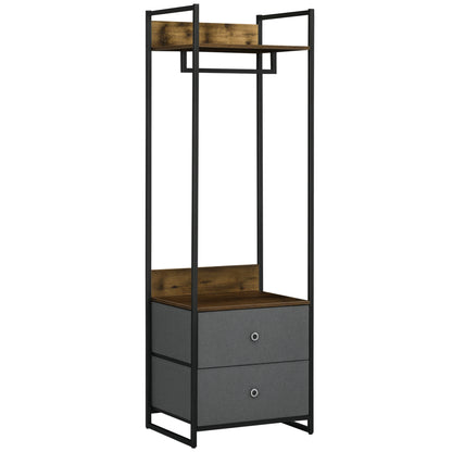 Clothes Rail, Metal Coat Stand, Garment Rack with 2 Fabric Storage Drawers, Single Wardrobe for Bedroom, Hallway, Rustic Brown and Grey