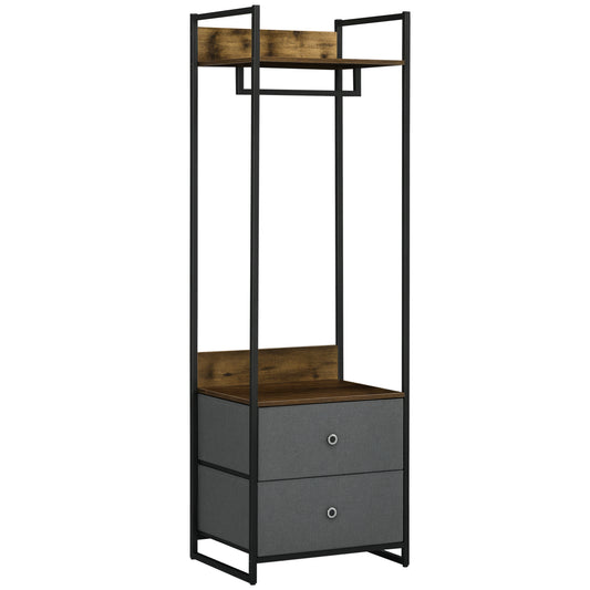Clothes Rail, Metal Coat Stand, Garment Rack with 2 Fabric Storage Drawers, Single Wardrobe for Bedroom, Hallway, Rustic Brown and Grey