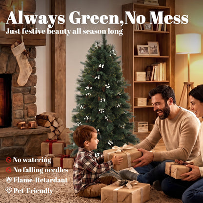 5ft Artificial Christmas Tree, Fir Hinged Xmas Tree with 490 Branch Tips, Foldable Metal Stand, Easy Assembly, Green