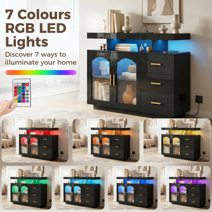 High Gloss Sideboard with LED Lights, Built-in Power Outlets, 3 Drawers, Shelves and 2 Acrylic Doors