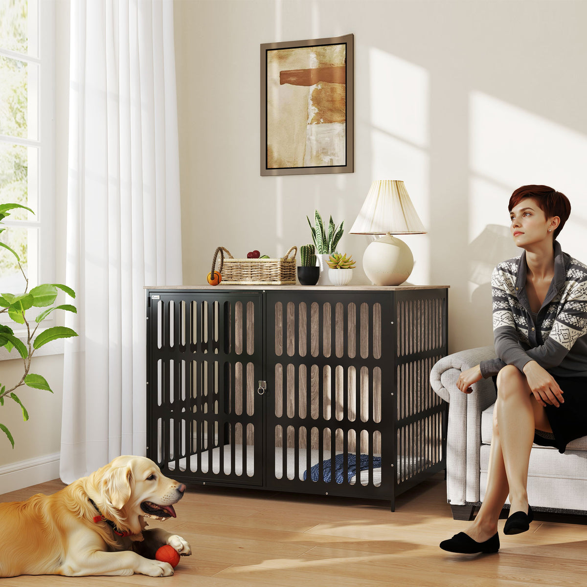 Dog Crate Furniture with Anti-Chew Resistant Mesh, Anti-Escape Single Door, for Extra Large Dogs, 118 x 80 x 92 cm