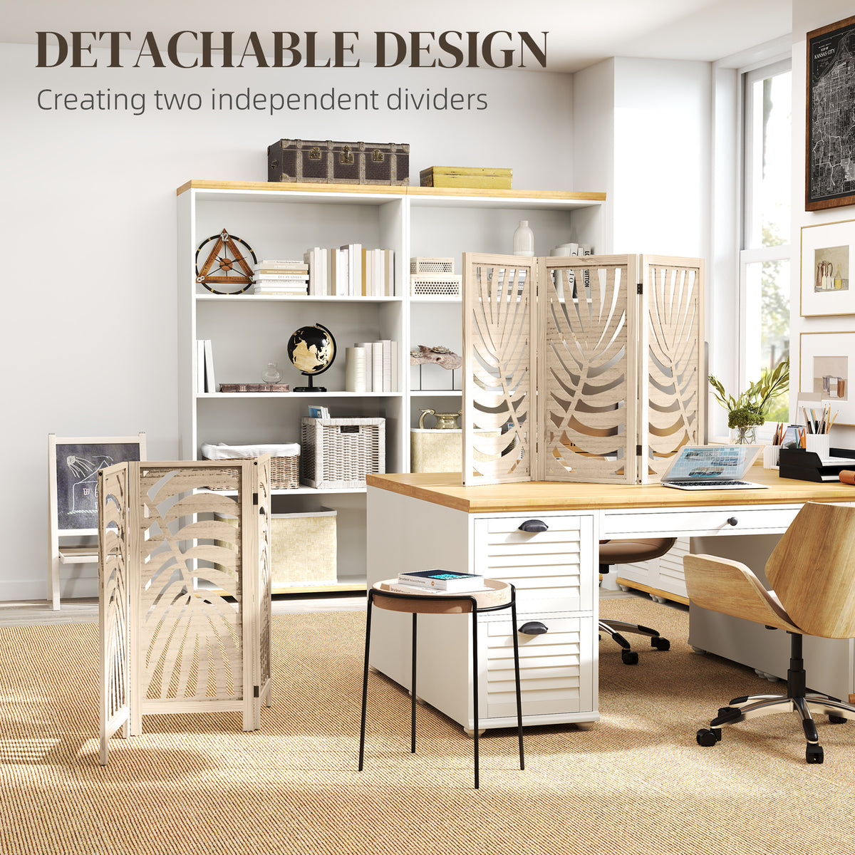 3 Panel Room Divider, Detachable Folding Privacy Screens with Palm Leaf Design for Home Office, Natural Wood Finish