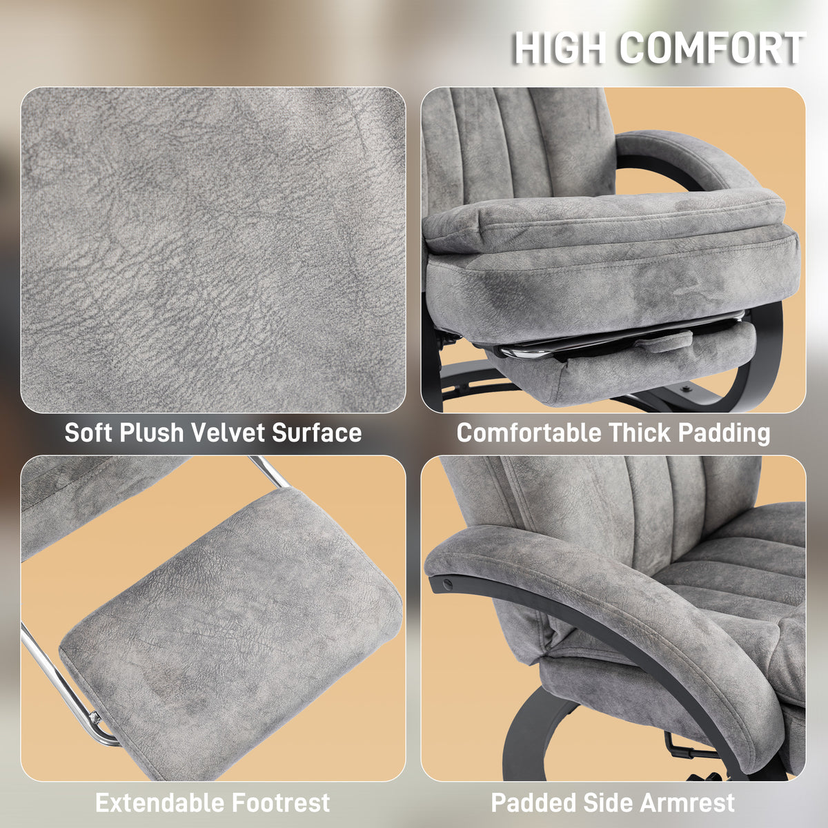 Swivel Recliner Chair with Footrest, Manual Recliner Armchair with Wooden Base, Plush Velvet Upholstered Reclining Chair for Living Room, Bedroom, Office, Grey