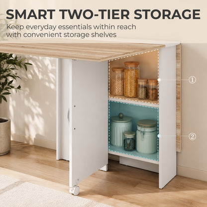 Folding Dining Table, Drop Leaf Table with 2-Tier Shelves, Rolling Casters, White and Natural