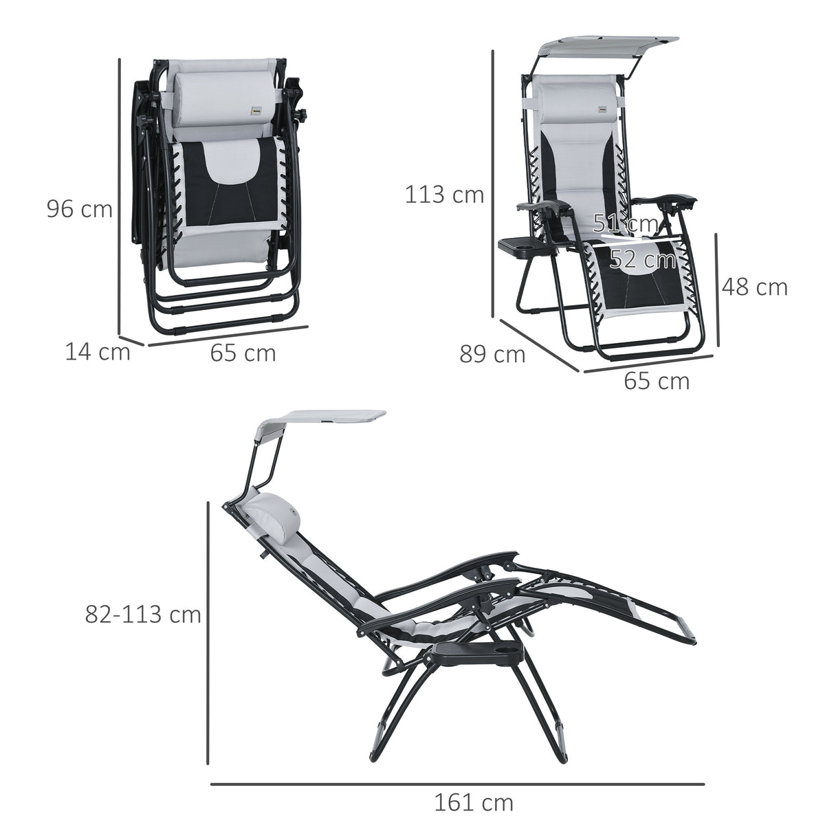 Zero Gravity Lounger Chair, Folding Reclining Patio Chair with Shade Cover, Padded Seat, Cup Holder, Soft Cushion and Headrest for Poolside, Camping, Grey