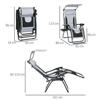 Zero Gravity Lounger Chair, Folding Reclining Patio Chair with Shade Cover, Padded Seat, Cup Holder, Soft Cushion and Headrest for Poolside, Camping, Grey