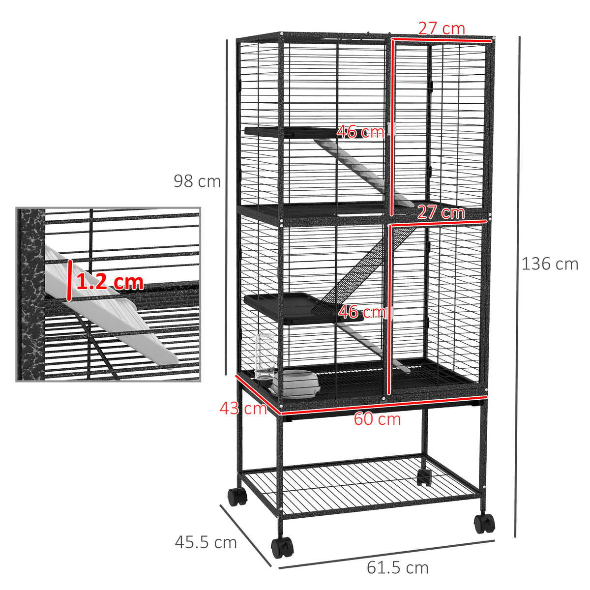 Rolling Chinchilla Cage, Small Animal Cage for Ferrets w/ Three Doors, Storage, Shelf, Tray, Bowl, Water Bottle