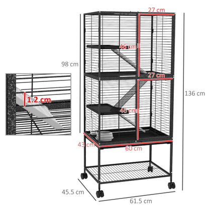 Rolling Chinchilla Cage, Small Animal Cage for Ferrets w/ Three Doors, Storage, Shelf, Tray, Bowl, Water Bottle