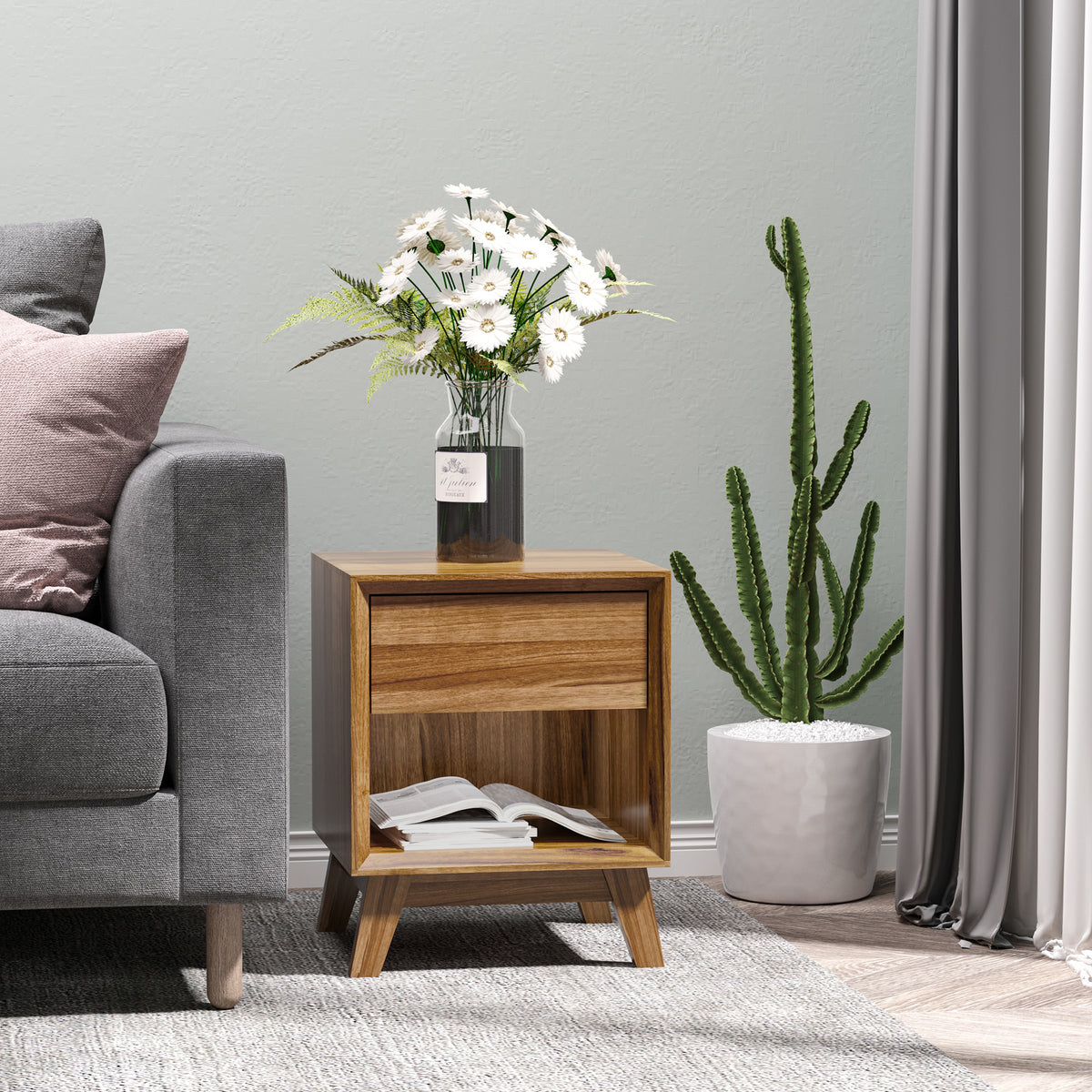Modern Bedside Table Nightstand, Living Room End Table, Side Table with Drawer and Shelf, Walnut Brown