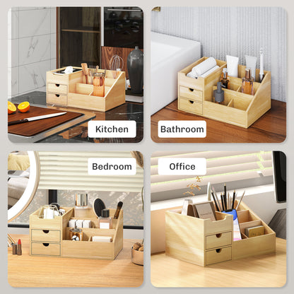 Desk Organiser Holder, Bamboo Multi-Function Storage Caddy with 7 Storage Compartments and 2 Drawers for Home Office Stationary Supplies, Natural Bamboo
