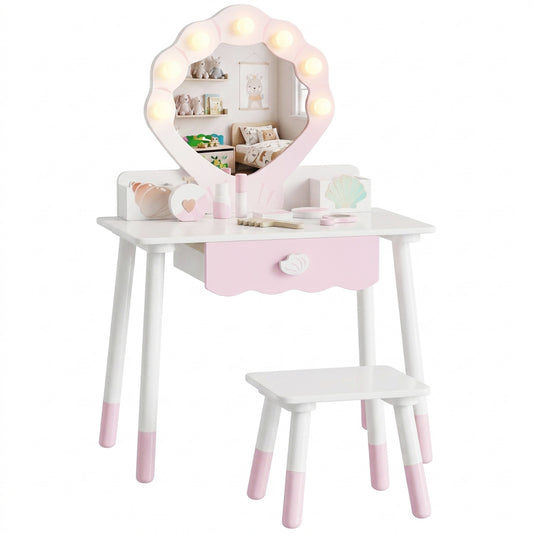 Kids Vanity Set, Kids Dressing Table with Chair, Acrylic Mirror, Lighted Bulbs, 7-Piece Accessories, for 3-8 Years, Pink