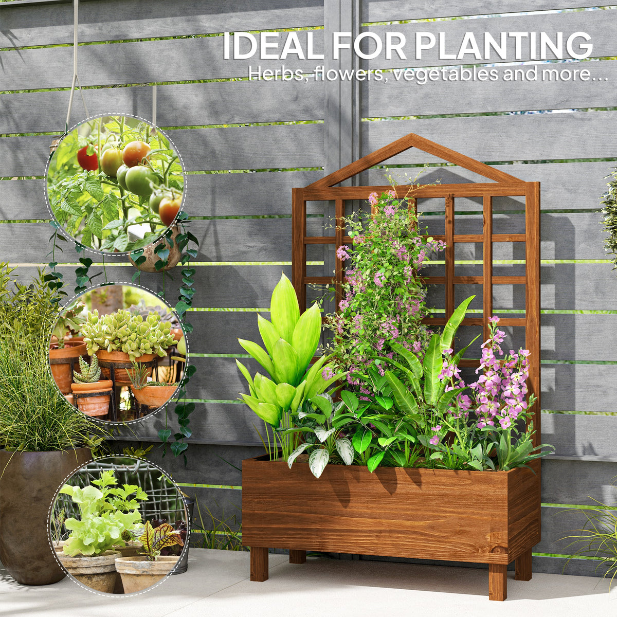 Garden Planters with Trellis for Vine Climbing, Distressed Wooden Raised Beds, 90x43x150cm, Brown
