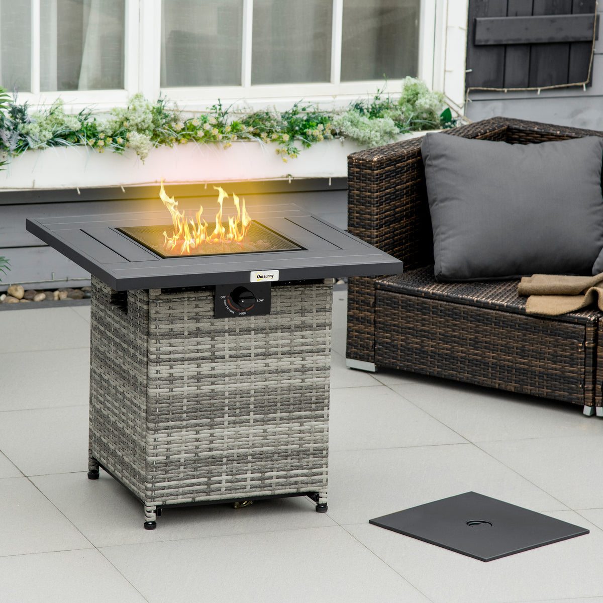 Outdoor PE Rattan Gas Fire Pit Table, Patio Square Propane Heater with Rain Cover, Mesh Lid and Lava Stone, 40, 000 BTU, Mixed Grey
