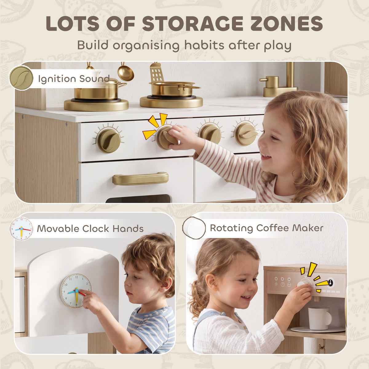 Play Kitchen, Kids Kitchen Playset with Rotating Coffee Machine, Storage Shelf, Stove, Gift for Kids 3-6 Years, White
