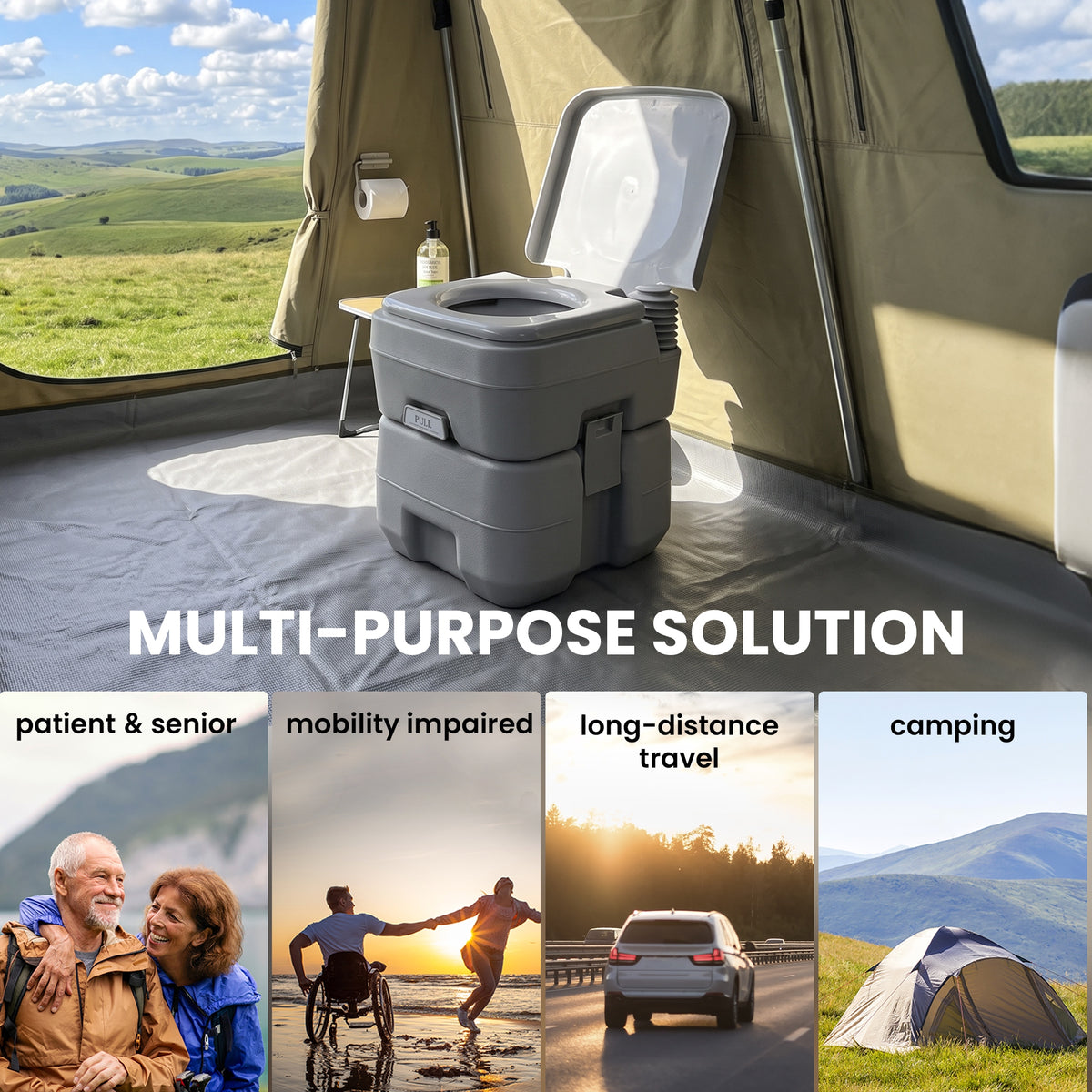 Portable Camping Toilet, 20L Flushable Porta Potty Portaloo with 2 Detachable Tanks, Flush and Double Seal Valve for Outdoor Camping Hiking Travel Caravan