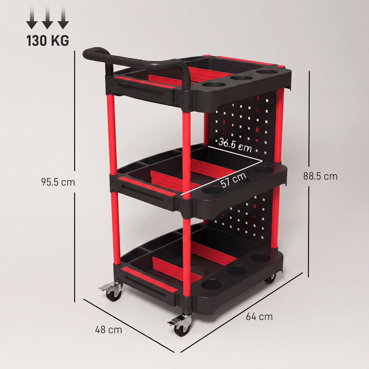3-Tier Rolling Tool Cart with Pegboard and Hooks, Storage Trolley Wheel Cart with Brakes, Black & Red