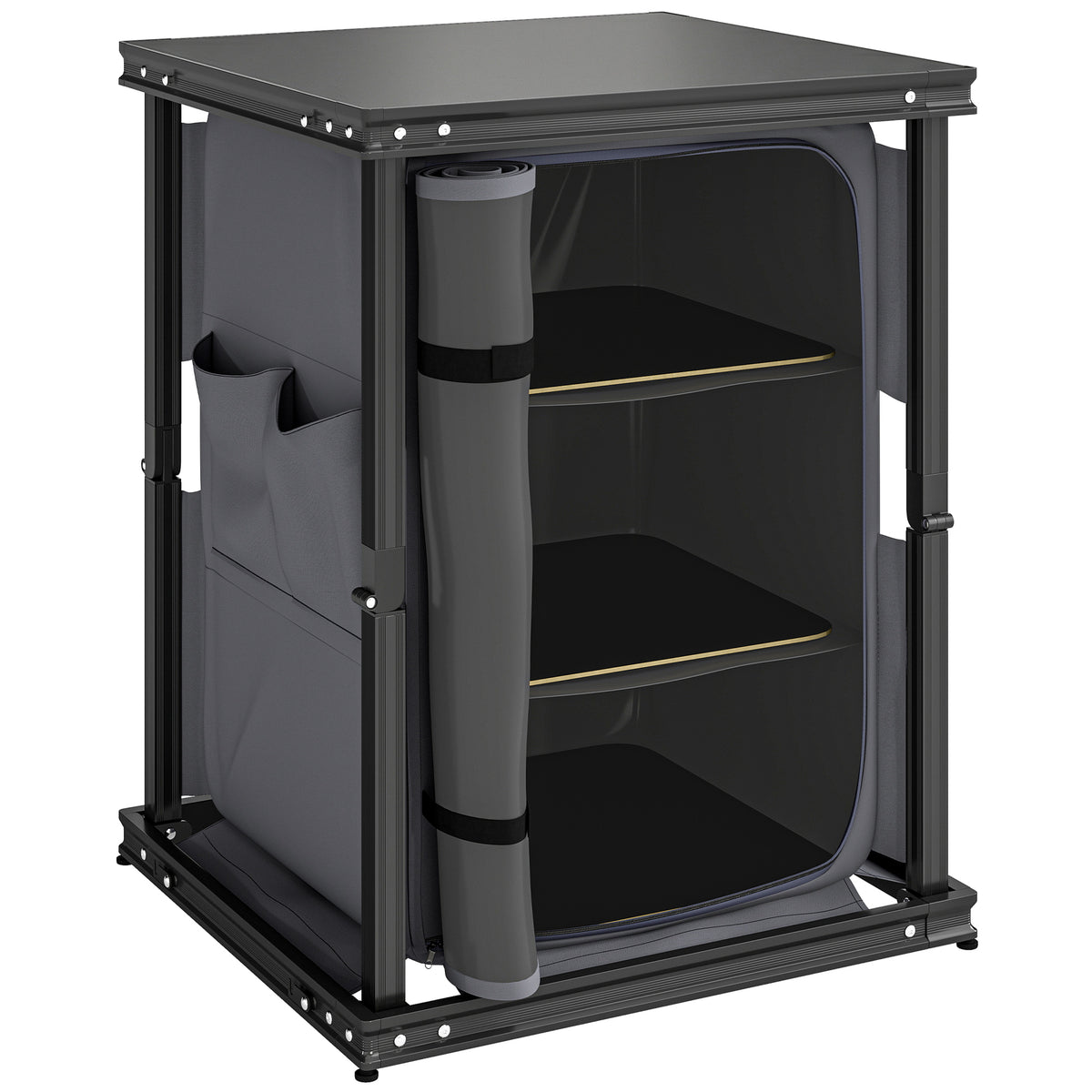 Camping Cupboards, Folding Portable Kitchen Table with 3-Tier Storage, Black