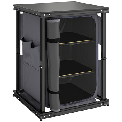 Camping Cupboards, Folding Portable Kitchen Table with 3-Tier Storage, Black