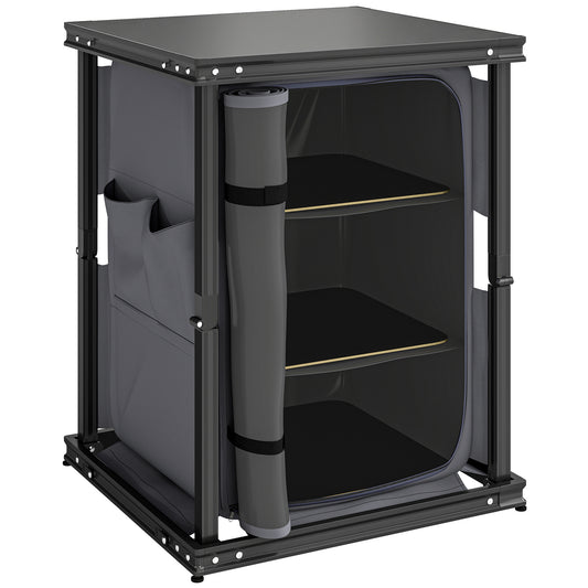 Camping Cupboards, Folding Portable Kitchen Table with 3-Tier Storage, Black