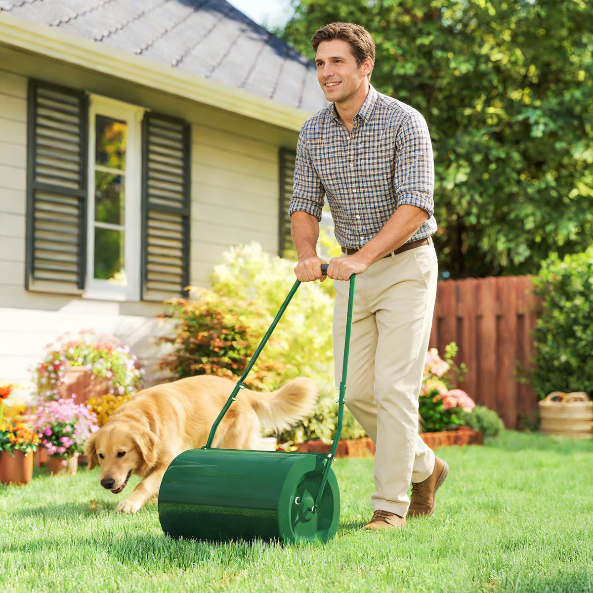 63 L Garden Lawn Roller with Water/Sand Filled Drum, Heavy Duty Steel Lawn Push Rolling Tool for Grass Seeding, Soil Levelling, Dark Green