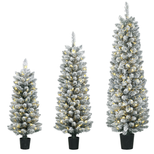Prelit Snowy Flocked Artificial Christmas Tree Set of 3, Slim Xmas Tree with PVC Tips, 3FT+4FT+5FT