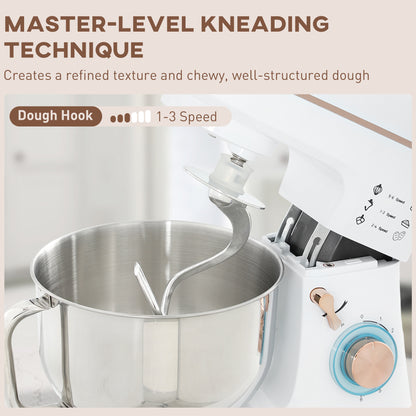 Stand Mixer, 5L Food Mixer for Baking, 6 Speeds and Pulse Setting, 1400W Cake Electric Kitchen Mixer with Dough Hook, Whisk, Stainless Steel Bowl, Splash Guard, Beater, White