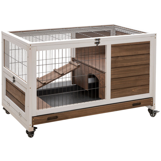 Wooden Guinea Pig Hutch, 2-Floor Bunny Cage w/ Enclosed Run Area