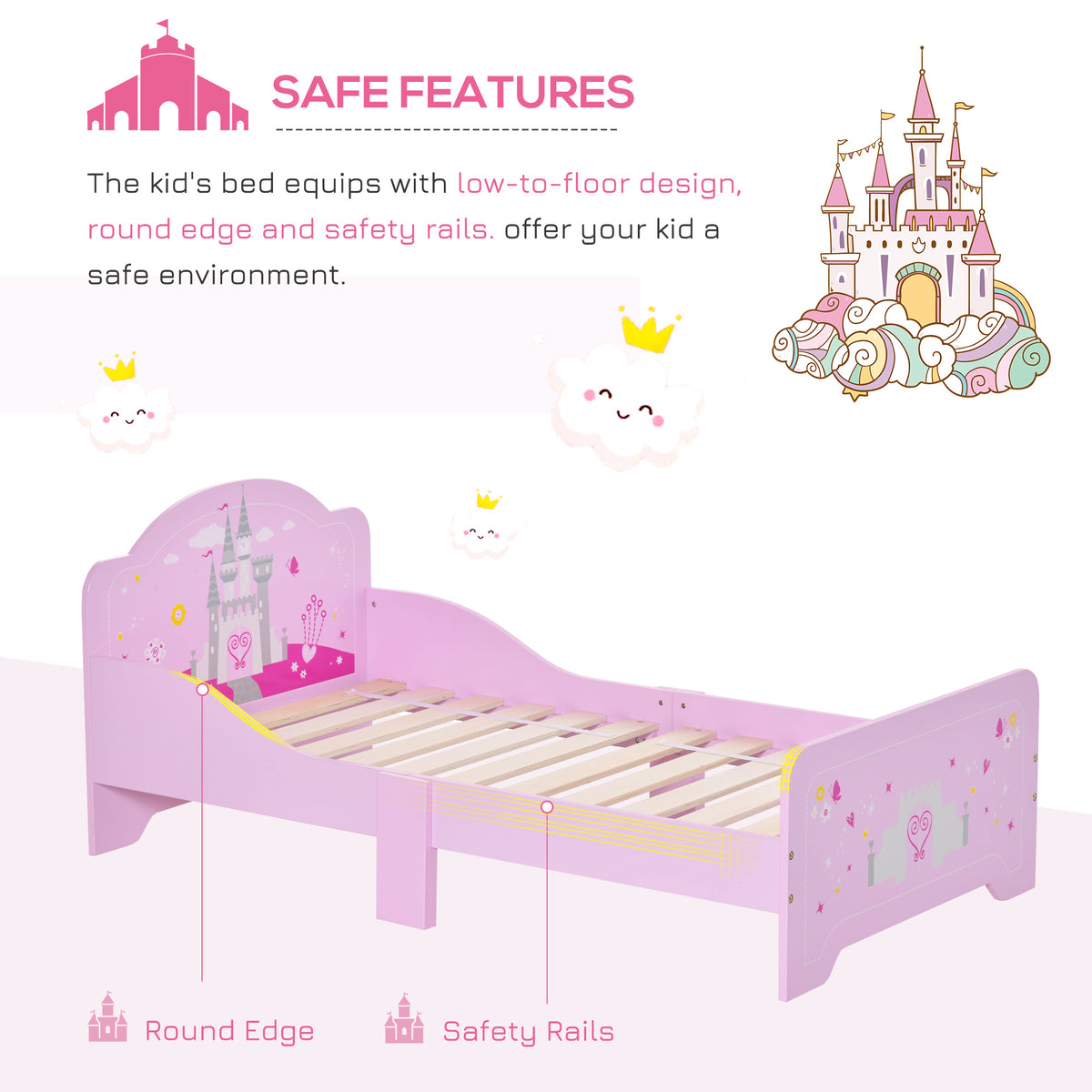 Kids Bed Princess Castle Theme w/ Side Rails Slats Home Furniture for 3 - 6 Yrs Pink 143 x 73 x 60 cm