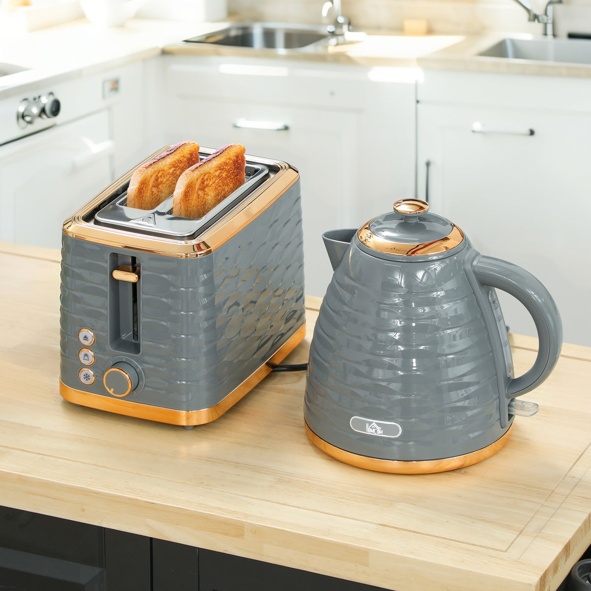 3000W 1.7L Rapid Boil Kettle & 2 Slice Toaster, Kettle and Toaster Set with 7 Browning Controls and Crumb Tray, Grey