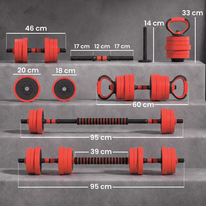20kg 6-In-One Adjustable Weight Dumbbells Set, Barbell, Kettlebell, Push Up Stand - Red