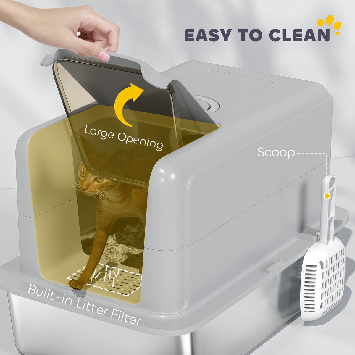 Stainless Steel Cat Litter Box with Removable Lid, Scoop, Filter Bags, for Larger Cats