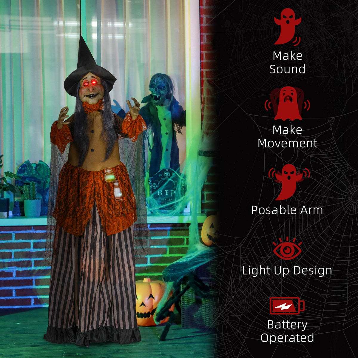 183 cm Life Size Halloween Animated Standing Fat-Faced Witch with Red Light Up Eyes, Sound Activated Moving Arms & Head, Scary Witch Halloween Decorations, Battery Operated, Indoor Party Props