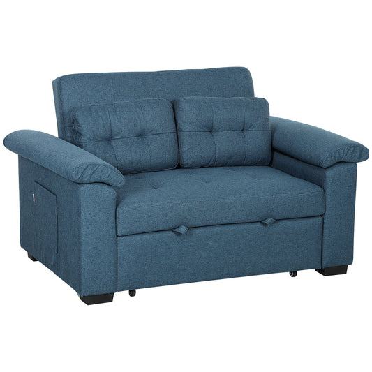 Pull Out Sofa Bed, Fabric 2 Seater Click Clack Sofa Bed Settee with 2 Pocket Springs, Convertible Sofa Couch with Pillows and Side Pockets for Living Room, Home Office, Blue