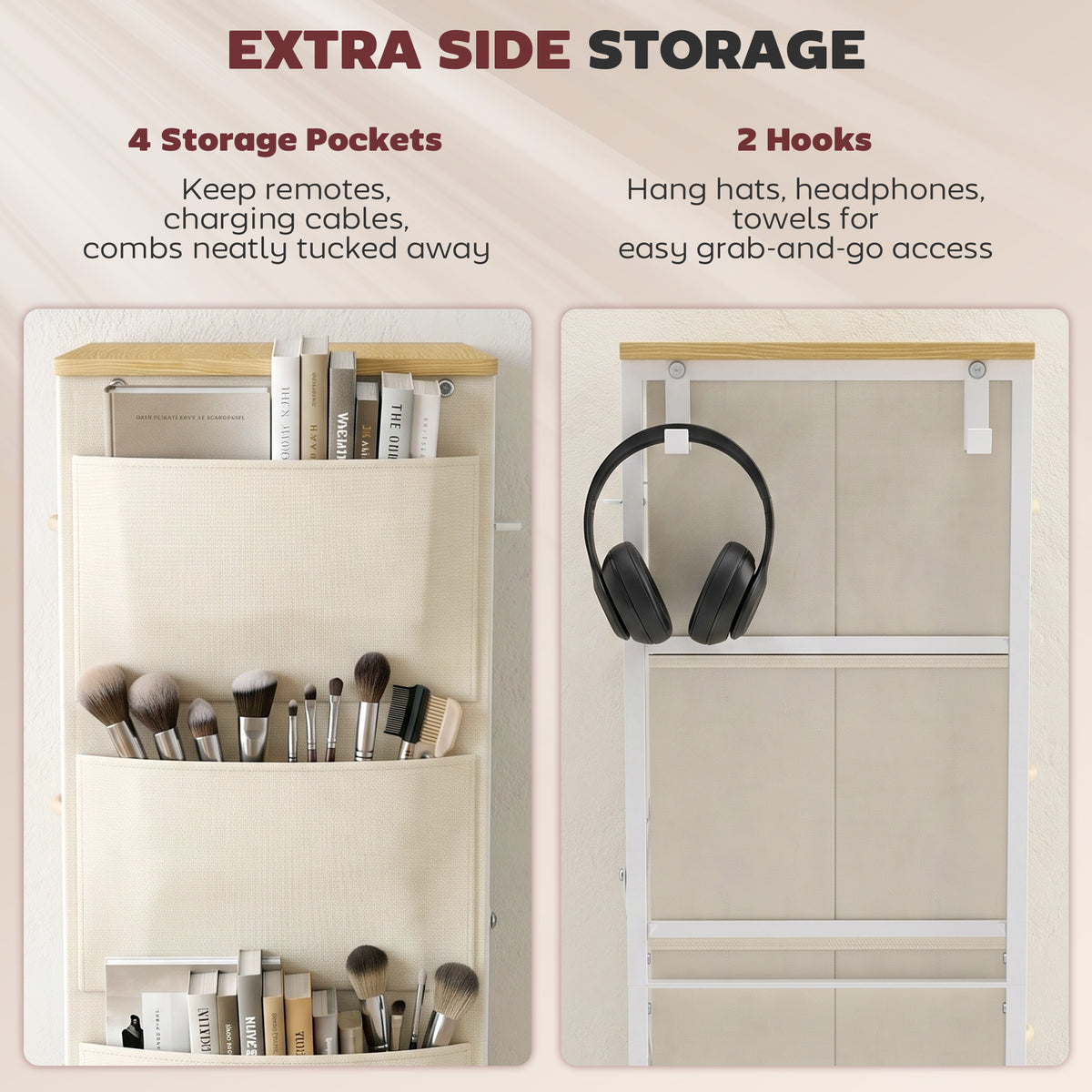 Chest of Drawers with 4 Fabric Drawers, Tall Storage Unit with 2 Hooks and Steel Frame for Bedroom, Beige