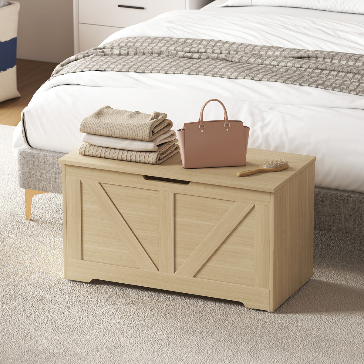 100L Home Storage Box, with Safety Hinge - Natural Wood Finish