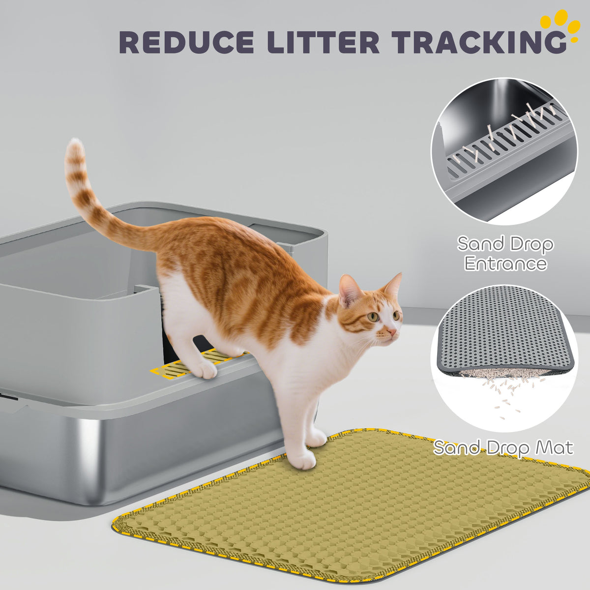 High Sided Stainless Steel Litter Box, Metal Cat Litter Tray with Metal Scoop, Litter Mat, Never Absorbs Odors, Grey