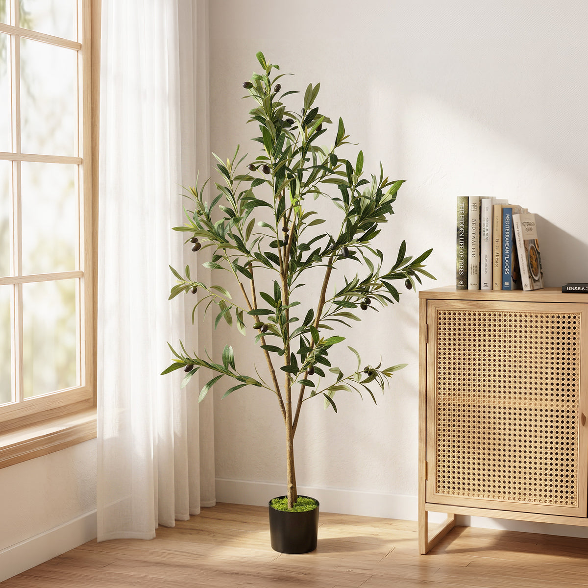 Decorative Artificial Plant, 120 cm Silk Olive Tree with 303 Leaves in Cement Pot, Fake Plant