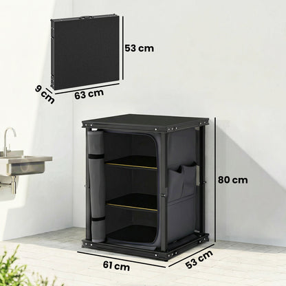 Camping Cupboards, Folding Portable Kitchen Table with 3-Tier Storage, Black