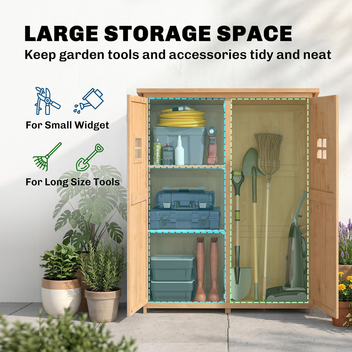 Wooden Garden Shed with Two Windows, Tool Storage Cabinet, Outdoor Double Door Organizer 127.5W x 50D x 164H cm, Natural