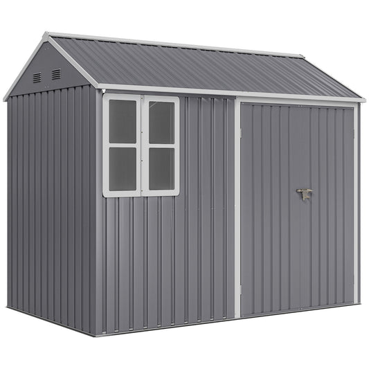 8 x 6 ft Galvanised Garden Shed, Outsoor Metal Storage Shed with Double Doors Window Air Vents, Grey