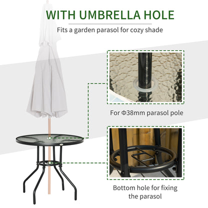 Outdoor φ80cm Round Dining Table Tempered Glass Top Steel Frame Bistro Coffee End Side Table Garden w/ Parasol Hole