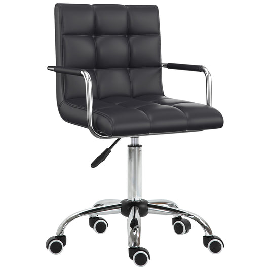 Makeup Vanity Chair, PU Leather Mid Back Office Chair with Adjustable Height, Armrest and Rolling Wheels