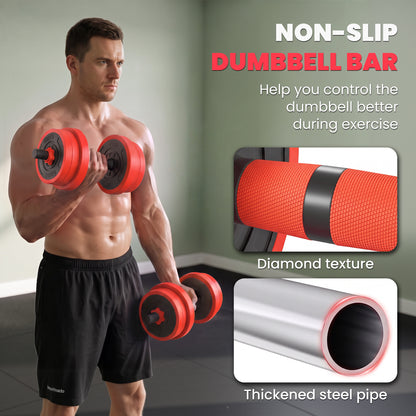 20kg 6-In-One Adjustable Weight Dumbbells Set, Barbell, Kettlebell, Push Up Stand - Red
