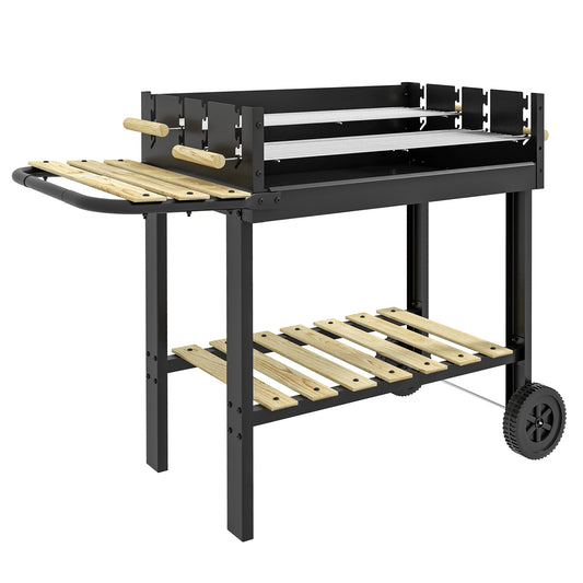 Charcoal BBQ Grill, Barbecue Trolley with Double Adjustable Grill, Side Table, Storage Shelf and Wheels for Outdoor Garden Party Cooking, Black
