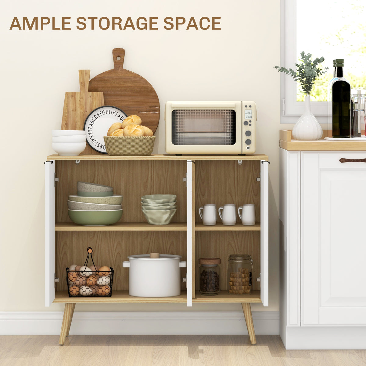 Modern Sideboard and Buffet, Dining Room Cabinet with Adjustable Shelves and 3 Doors, White