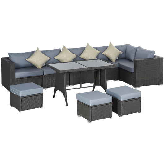 9-Seater Garden Rattan Furniture 10 Pcs Rattan Corner Dining Sofa Set, Grey/Dusty Blue Cushion